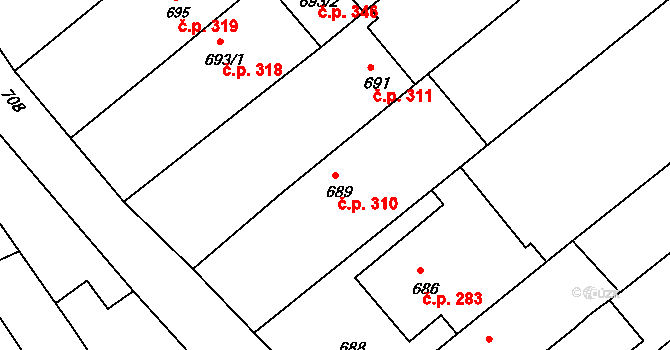 Šaratice 310 na parcele st. 689 v KÚ Šaratice, Katastrální mapa