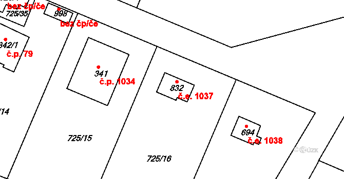 Kamenice 1037 na parcele st. 832 v KÚ Těptín, Katastrální mapa