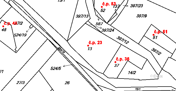 Hoštice 23, Vodochody na parcele st. 13 v KÚ Hoštice u Vodochod, Katastrální mapa
