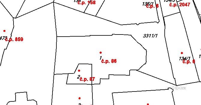 Pelhřimov 86 na parcele st. 1 v KÚ Pelhřimov, Katastrální mapa