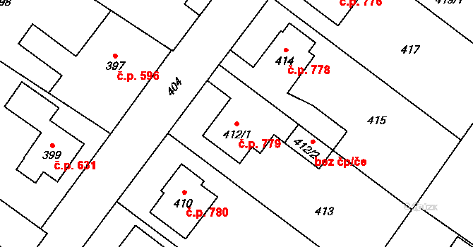 Jablunkov 779 na parcele st. 412/1 v KÚ Jablunkov, Katastrální mapa