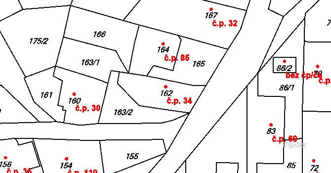 Točná 34, Praha na parcele st. 162 v KÚ Točná, Katastrální mapa