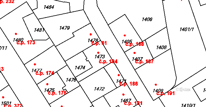 Braník 184, Praha na parcele st. 1473 v KÚ Braník, Katastrální mapa