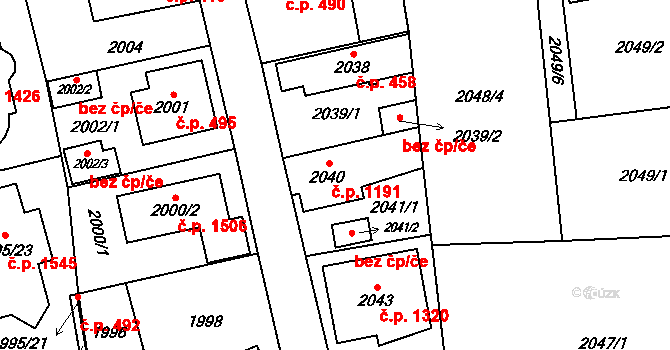 Hostivař 1191, Praha na parcele st. 2040 v KÚ Hostivař, Katastrální mapa