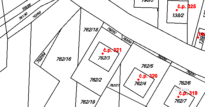 Blažovice 321 na parcele st. 762/3 v KÚ Blažovice, Katastrální mapa