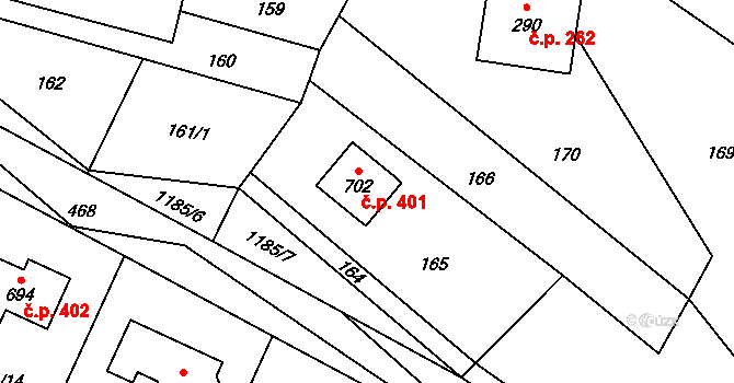 Svratka 401 na parcele st. 702 v KÚ Svratka, Katastrální mapa