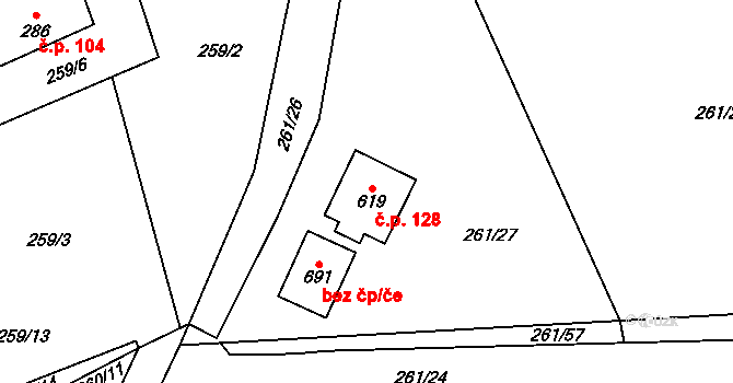Černolice 128 na parcele st. 619 v KÚ Černolice, Katastrální mapa
