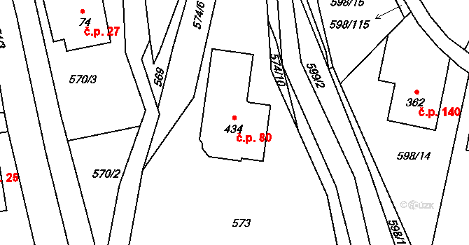 Skuhrov nad Bělou 80 na parcele st. 434 v KÚ Skuhrov nad Bělou, Katastrální mapa