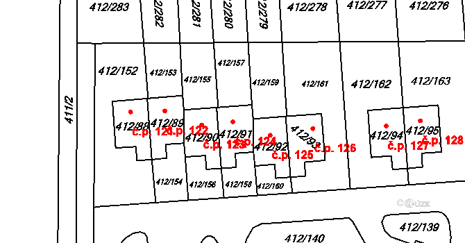 Račetice 124 na parcele st. 412/91 v KÚ Račetice, Katastrální mapa