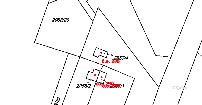 Bystřice nad Pernštejnem 288 na parcele st. 2957/4 v KÚ Bystřice nad Pernštejnem, Katastrální mapa