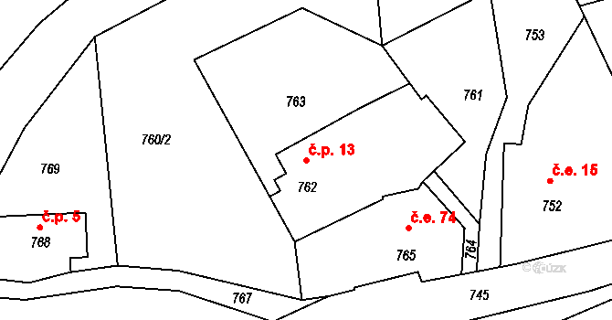 Dolní Chřibská 13, Chřibská na parcele st. 762 v KÚ Dolní Chřibská, Katastrální mapa