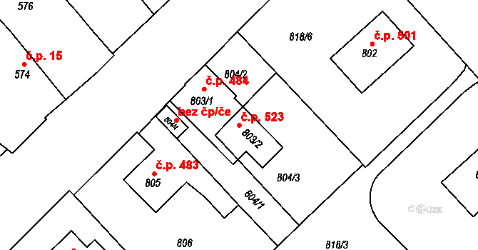 Litomyšlské Předměstí 523, Vysoké Mýto na parcele st. 803/2 v KÚ Vysoké Mýto, Katastrální mapa