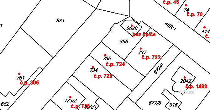 Neratovice 724 na parcele st. 735 v KÚ Neratovice, Katastrální mapa