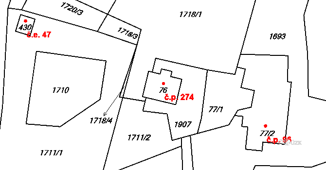 Guty 274, Třinec na parcele st. 76 v KÚ Guty, Katastrální mapa