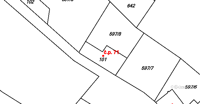 Postřelmůvek 71 na parcele st. 101 v KÚ Postřelmůvek, Katastrální mapa