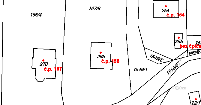 Kladeruby 158 na parcele st. 265 v KÚ Kladeruby, Katastrální mapa
