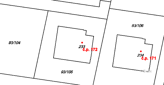 Hoděšovice 172, Býšť na parcele st. 233 v KÚ Hoděšovice, Katastrální mapa