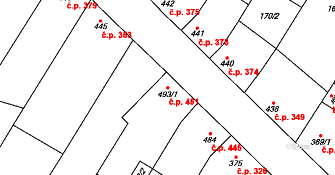 Vroutek 451 na parcele st. 493/1 v KÚ Vroutek, Katastrální mapa