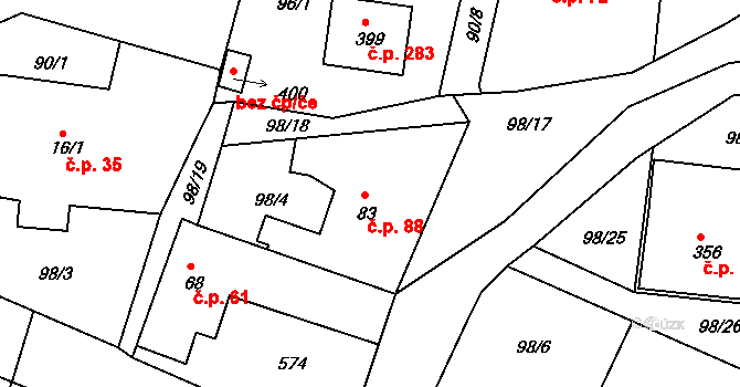Dvorec 88, Nepomuk na parcele st. 83 v KÚ Dvorec, Katastrální mapa