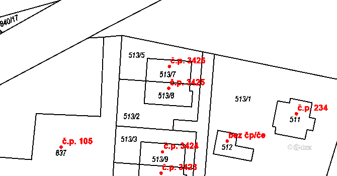 Milovice 3425 na parcele st. 513/8 v KÚ Milovice nad Labem, Katastrální mapa