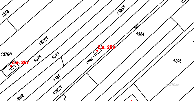 Popůvky 258 na parcele st. 1382/2 v KÚ Popůvky u Brna, Katastrální mapa