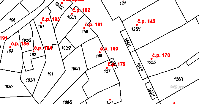 Dambořice 180 na parcele st. 158 v KÚ Dambořice, Katastrální mapa