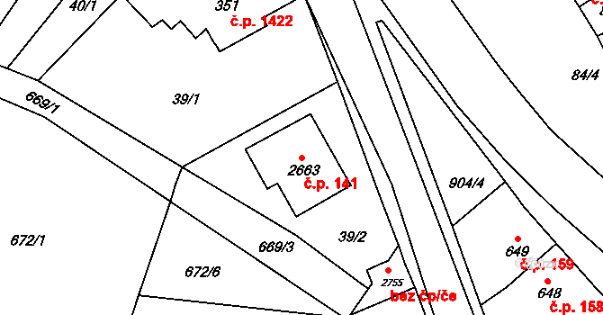 Kyjov 141 na parcele st. 2663 v KÚ Kyjov, Katastrální mapa