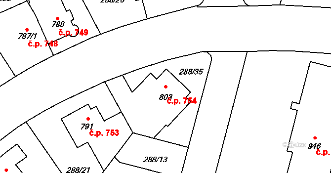 Kyjov 754 na parcele st. 803 v KÚ Kyjov, Katastrální mapa