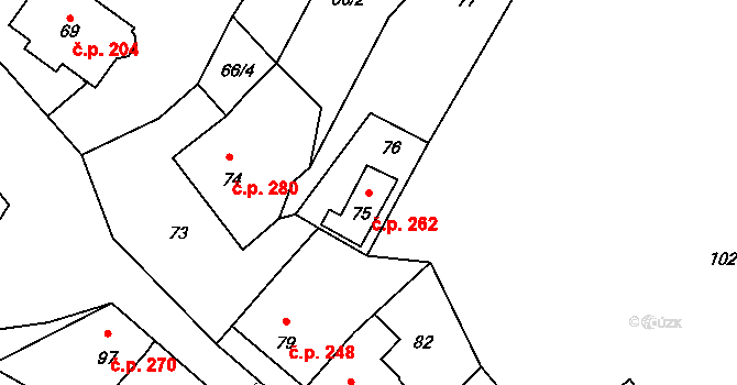 Stonařov 262 na parcele st. 75 v KÚ Stonařov, Katastrální mapa