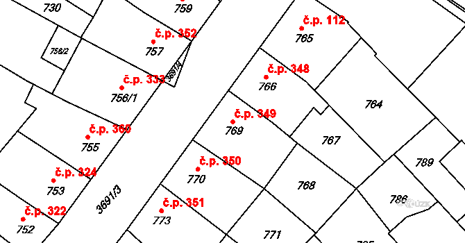 Vyškov-Předměstí 349, Vyškov na parcele st. 769 v KÚ Vyškov, Katastrální mapa