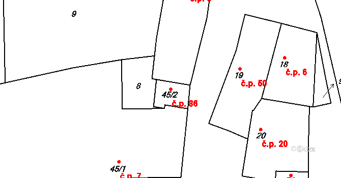 Chlustina 86 na parcele st. 45/2 v KÚ Chlustina, Katastrální mapa