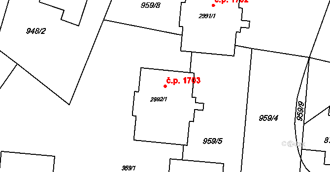 Rožnov pod Radhoštěm 1703 na parcele st. 2992/1 v KÚ Rožnov pod Radhoštěm, Katastrální mapa