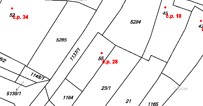 Petrůvky 28 na parcele st. 55 v KÚ Petrůvky, Katastrální mapa