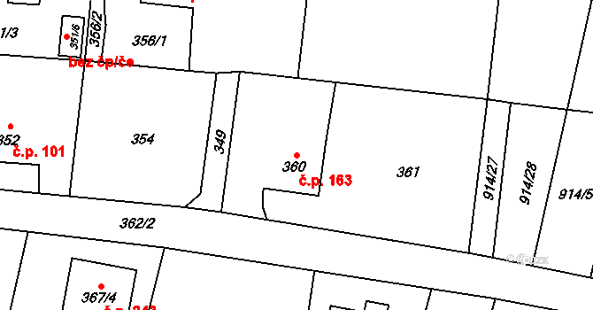 Chlebovice 163, Frýdek-Místek na parcele st. 360 v KÚ Chlebovice, Katastrální mapa