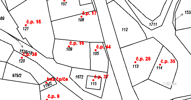 Dušníky 44, Obříství na parcele st. 105 v KÚ Obříství, Katastrální mapa