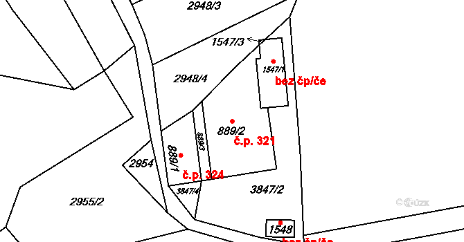 Hošťálková 321 na parcele st. 889/2 v KÚ Hošťálková, Katastrální mapa