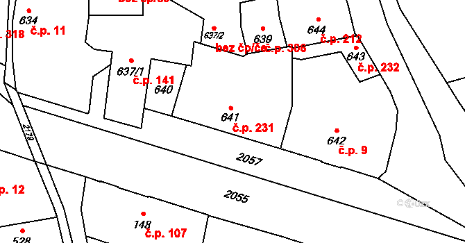 Uhříněves 231, Praha na parcele st. 641 v KÚ Uhříněves, Katastrální mapa