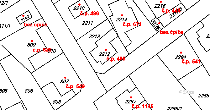 Radotín 495, Praha na parcele st. 2212 v KÚ Radotín, Katastrální mapa