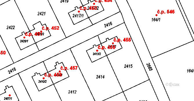 Prostřední Suchá 456, Havířov na parcele st. 2413/2 v KÚ Prostřední Suchá, Katastrální mapa
