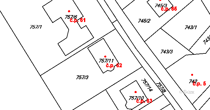 Plechy 62, Nový Malín na parcele st. 757/11 v KÚ Nový Malín, Katastrální mapa