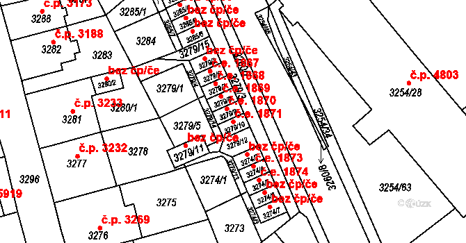 Chomutov 1871 na parcele st. 3279/10 v KÚ Chomutov I, Katastrální mapa
