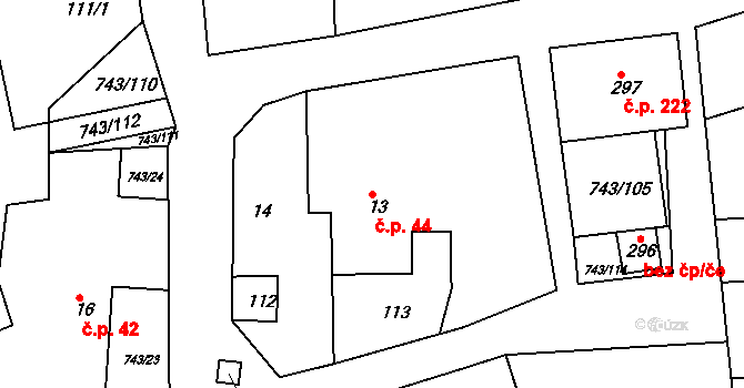 Škrdlovice 44 na parcele st. 13 v KÚ Škrdlovice, Katastrální mapa