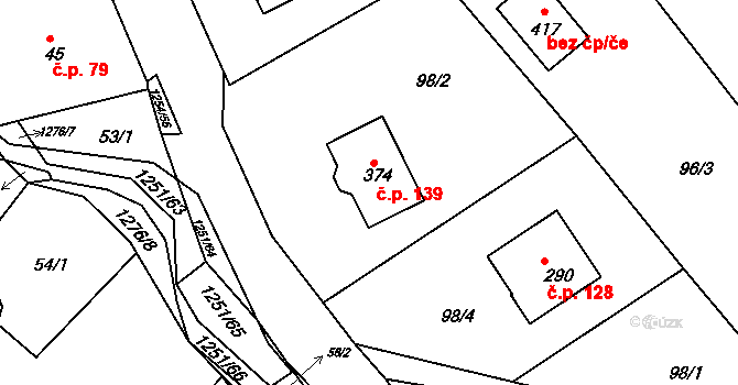 Podkopná Lhota 139 na parcele st. 374 v KÚ Podkopná Lhota, Katastrální mapa