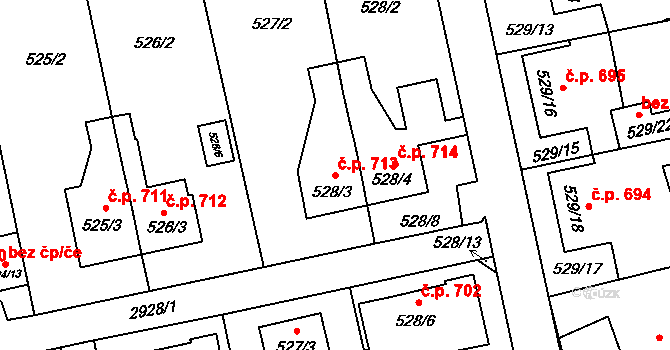 Kylešovice 713, Opava na parcele st. 528/3 v KÚ Kylešovice, Katastrální mapa