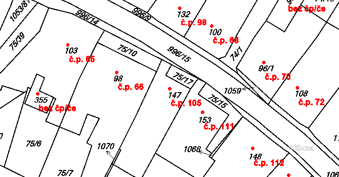 Obrnice 105 na parcele st. 147 v KÚ Obrnice, Katastrální mapa