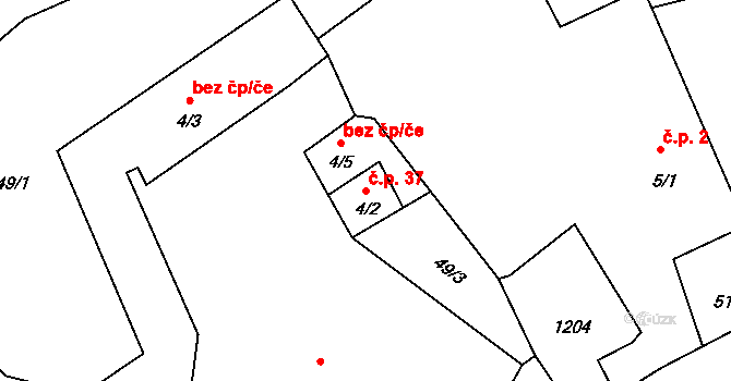 Trnčí 37, Ježovy na parcele st. 4/2 v KÚ Trnčí, Katastrální mapa