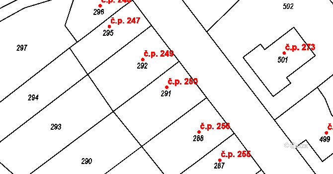 Jakubské Předměstí 250, Jaroměř na parcele st. 291 v KÚ Jaroměř, Katastrální mapa