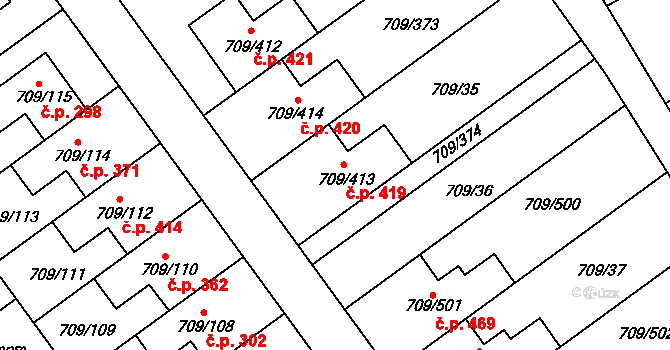 Popůvky 419 na parcele st. 709/413 v KÚ Popůvky u Brna, Katastrální mapa