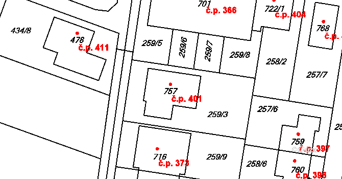 Krasice 401, Prostějov na parcele st. 757 v KÚ Krasice, Katastrální mapa