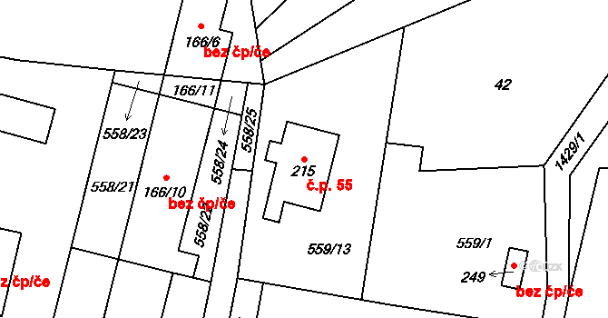 Velemín 55 na parcele st. 215 v KÚ Velemín, Katastrální mapa